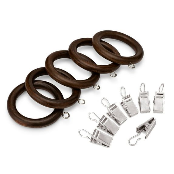 1.5 Inch Wood Curtain Rings with Clips in Dark Brown Finish, Set of 12