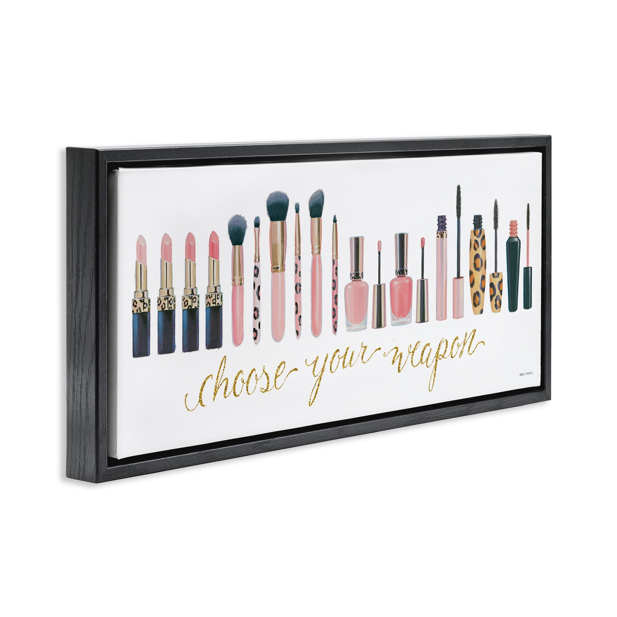 Stupell Industries Choose Your Weapon Glam Makeup Typography Painting Black Floater Framed Canvas Art Print Wall Art, 31 x 14