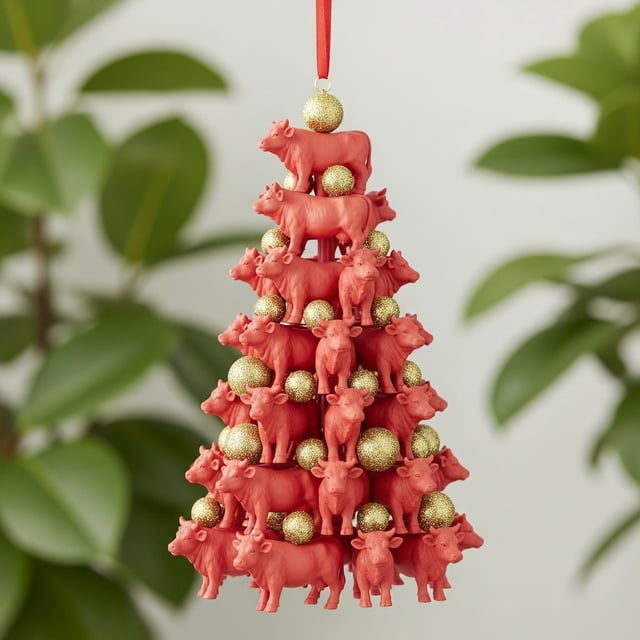 Aufmer 2 Pcs Adorable Animal Stacking Ornaments, Festive Tree Decor with Red Ribbon, 3.1x1.6in(Multicolor)