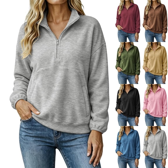 Smupbvky Womens Sweatshirts Trendy 3/4 Zip Pullover with Pocket Long Sleeve Drop Shoulder Casual Seam Tops Loose Fit (XL, Gray)