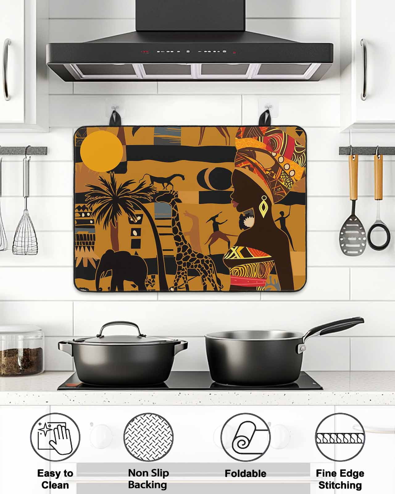 Stove Top Covers for Electric Stove, Black African Women Glass Stovetop Cover Protector, Boho Brown Elephant Giraffe Ethnic Induction Cooktop Protector Oven Mat for Kitchen Countertop 24"x21"
