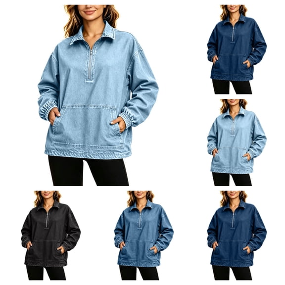 SAWOBUUN Denim Jackets for Women Half Zip Long Sleeve Pullover Top Oversized Jean Jacket with Pocket