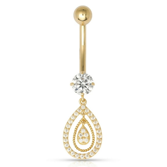 Solid 10k Yellow Gold 14g Tear-drop Dangling Simulated Diamond CZ Belly Ring (10mm X 35mm) Body Piercing Ring for Women