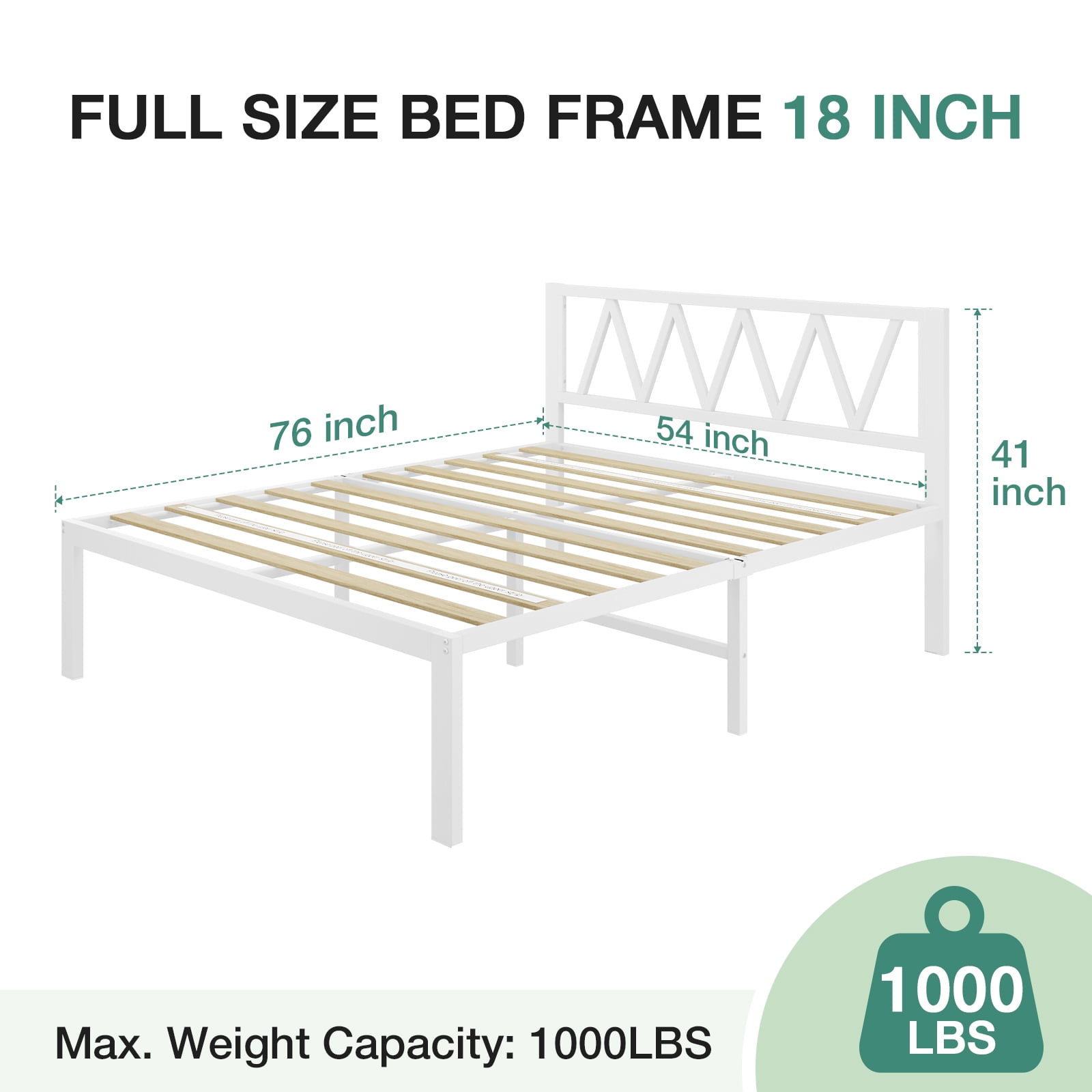 Novilla 18 Inch Full Size Bed Frame With Headboard, White Metal Platform Bed Frame, Full Bed Frame No Box Spring Needed, Easy Assembly, Strong Wood Slats Support