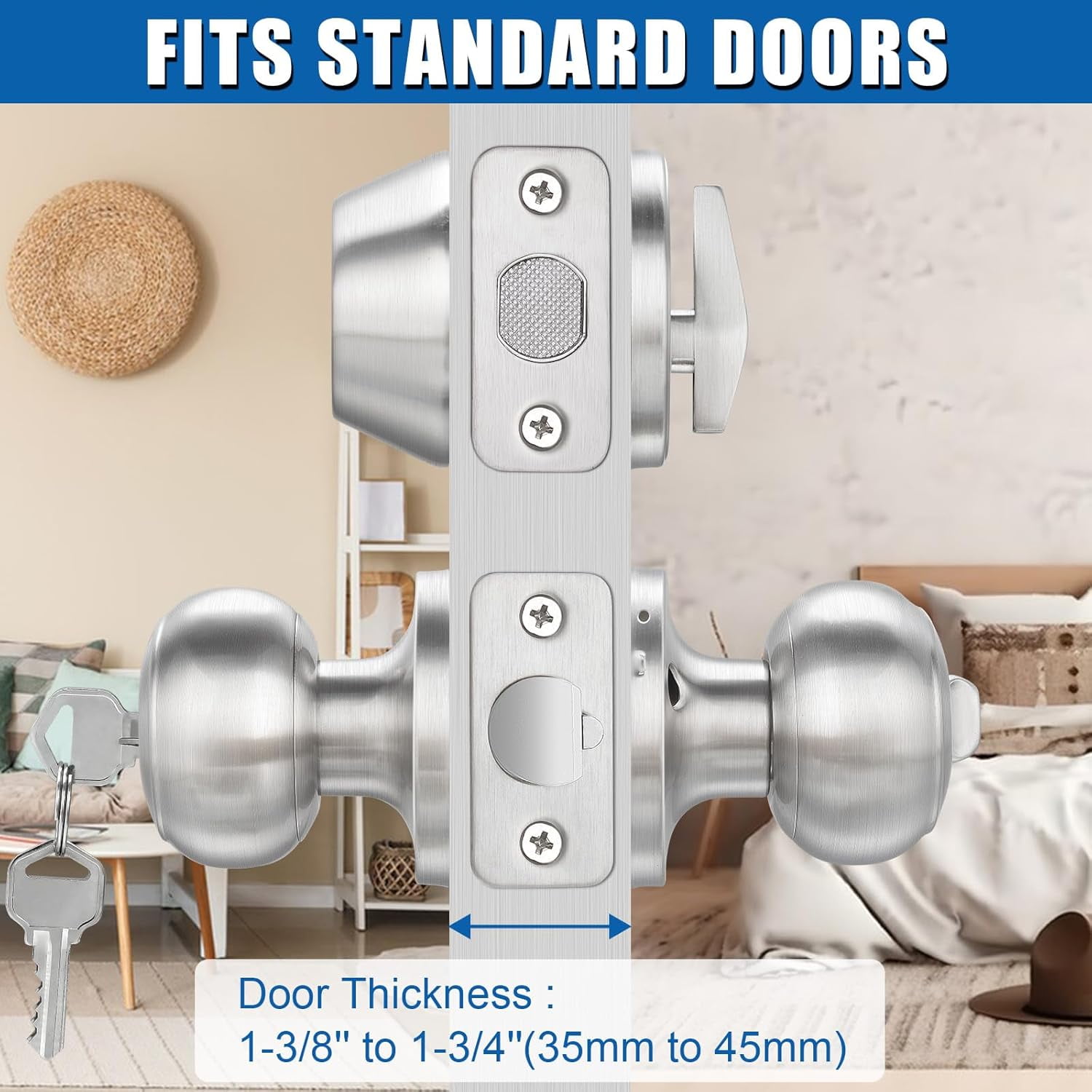 3 Sets Entry Door Knob and Single Cylinder Deadbolt Combo Set, Keyed Alike Round Ball Satin Nickel Exterior Door Knobs with Lock and Keys for Entrance and Front Door
