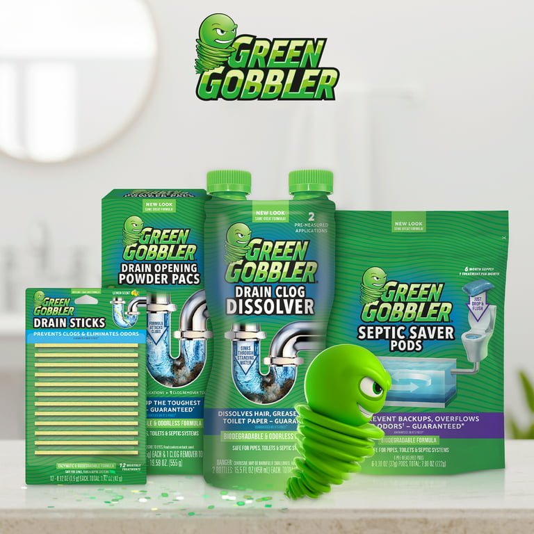 Green Gobbler Drain Clog Remover Powder, 3 Uses, Hair Clog Remover, Toilet Clog Remover