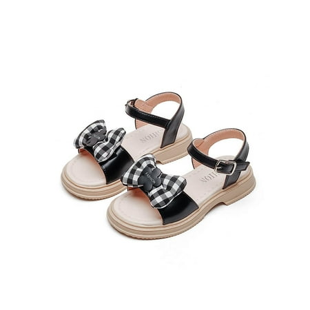 

SIMANLAN Girls Flat Sandal Ankle Strap Sandals Summer Princess Shoes Kids Comfort Dressy Flats Girl s Plaid Beach Shoe Black 1Y