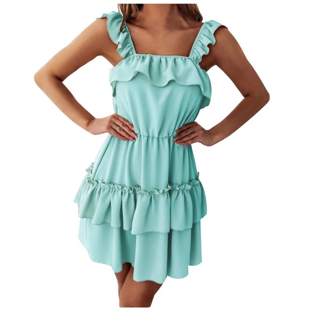 Vestido sin mangas con volantes de doble capa sin mangas con tirantes de color sólido de verano a la moda para mujer Fridja hj1266