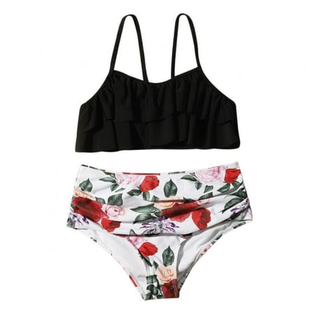 

Baozhu Swimsuits for Toddler Girls Kids Sunsuit Tankini Suit 7-11 Years Kid 2pc Padded Ruffled Top and Floral Bottoms Bathing Suits 9-10 Years