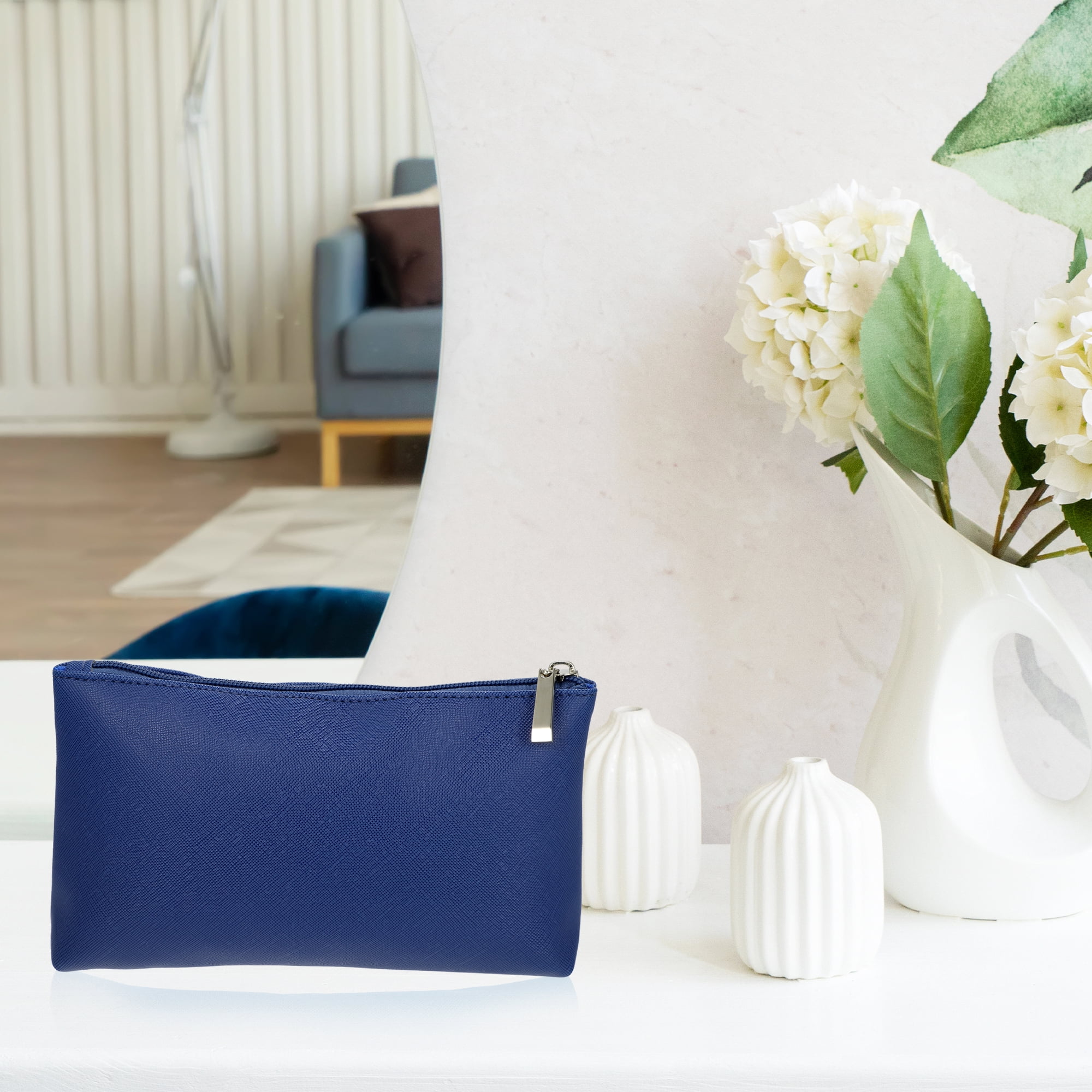 Unique Bargains 1Pc Travel Double Makeup Bag Portable Durable PU Leather Dark Blue M