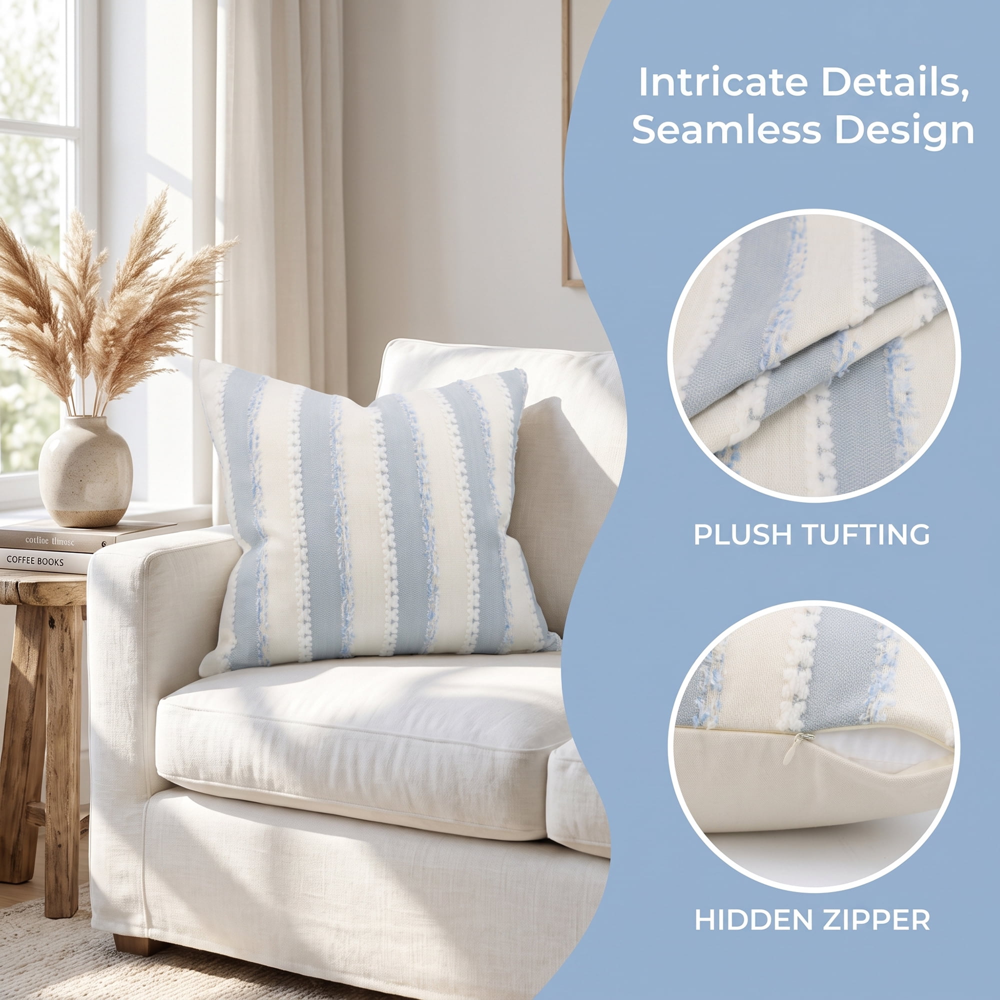 Unique Bargains 2Pcs Textured Frayed Striped Throw Pillow Covers Light Blue 18"x18"