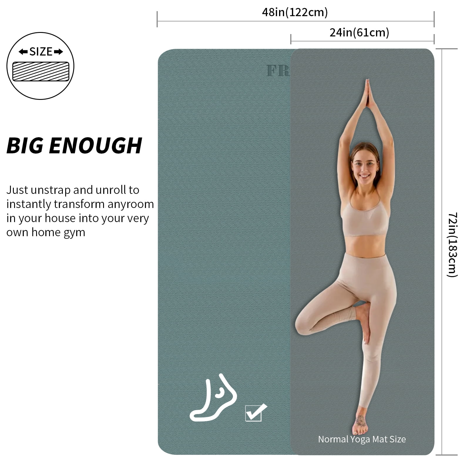 Frach Large Yoga Mat（6'×4')- TPE 10mm Extra Thick Non-Slip Mats with strap for Home Workout/Pilates(Green + Grey)