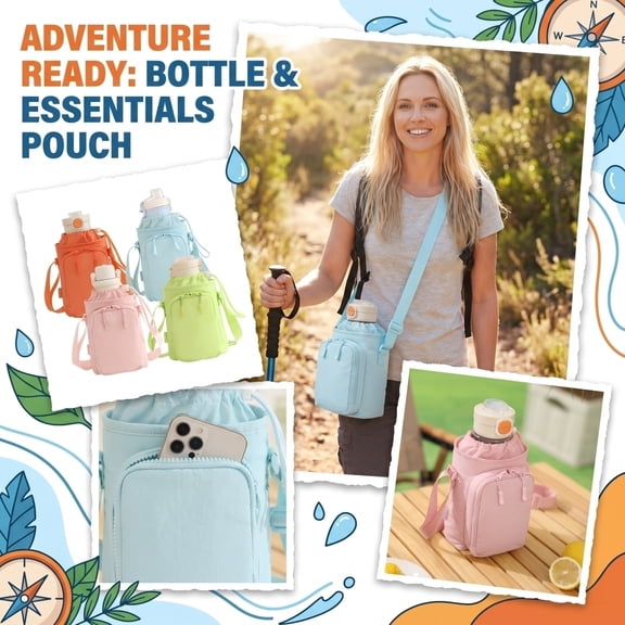 THOPBPRK Outdoor Travel Cup Sleeve with Phone Pocket Water Bottle Carrier Bag with Adjustable Strap Sports Tumbler Holder for Hiking Gifts Decorations Gear, 1Pc Blue