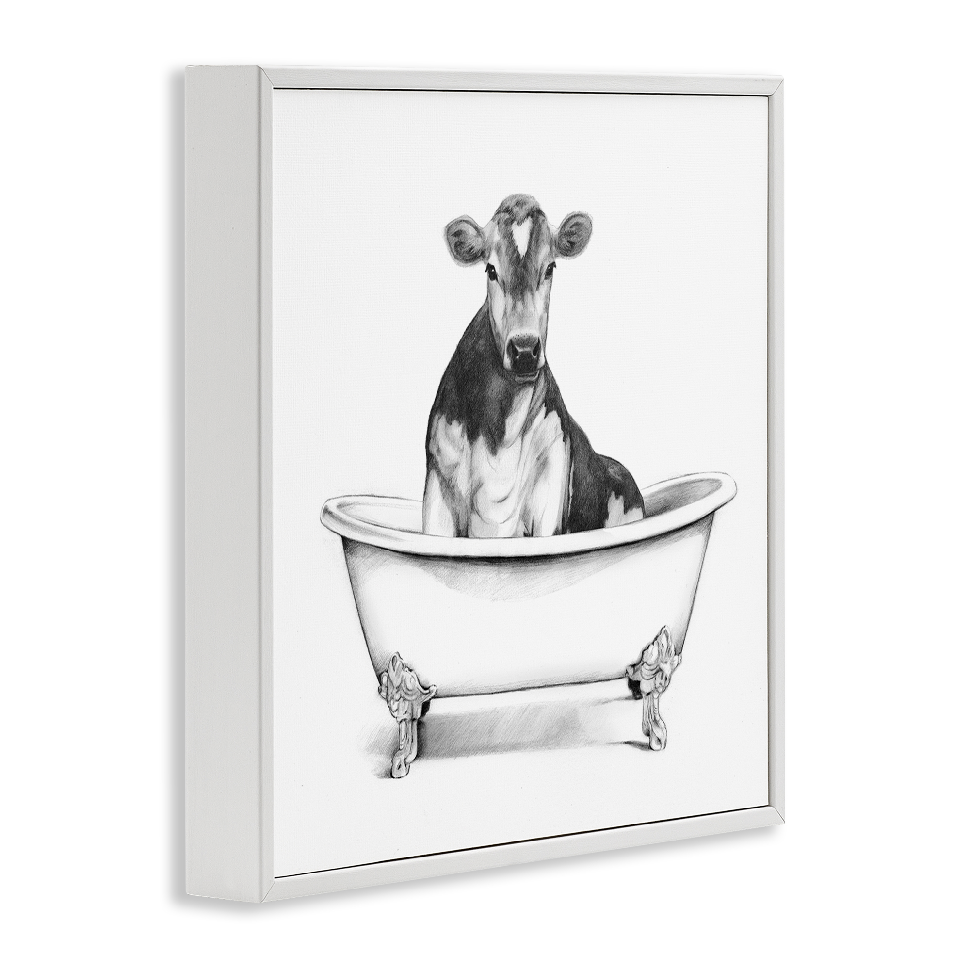 Cow in Bathtub Sketch White Framed Giclee Art, 12 x 12