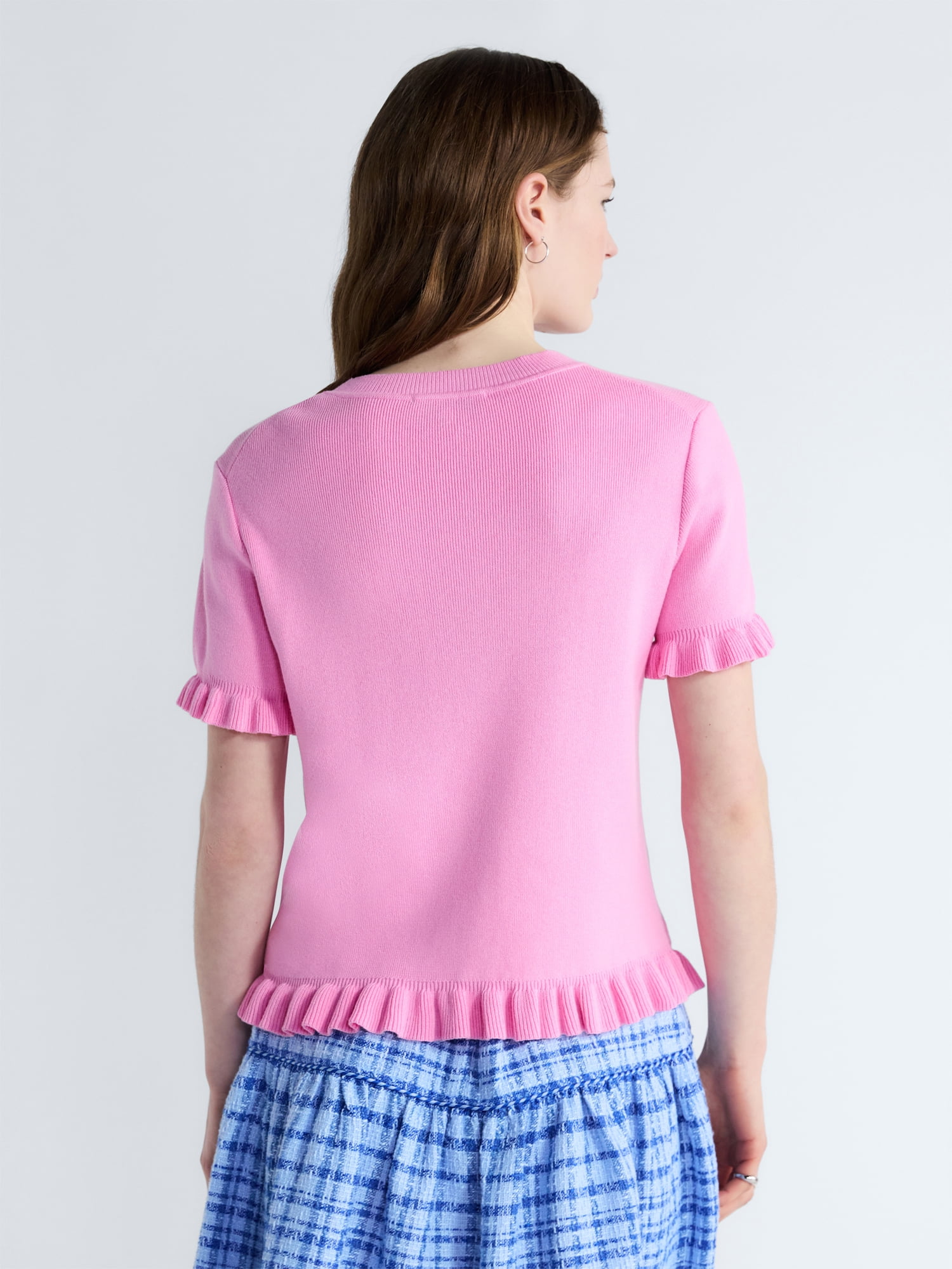 Free Assembly Women's Ruffle Trim Sweater with Short Sleeves