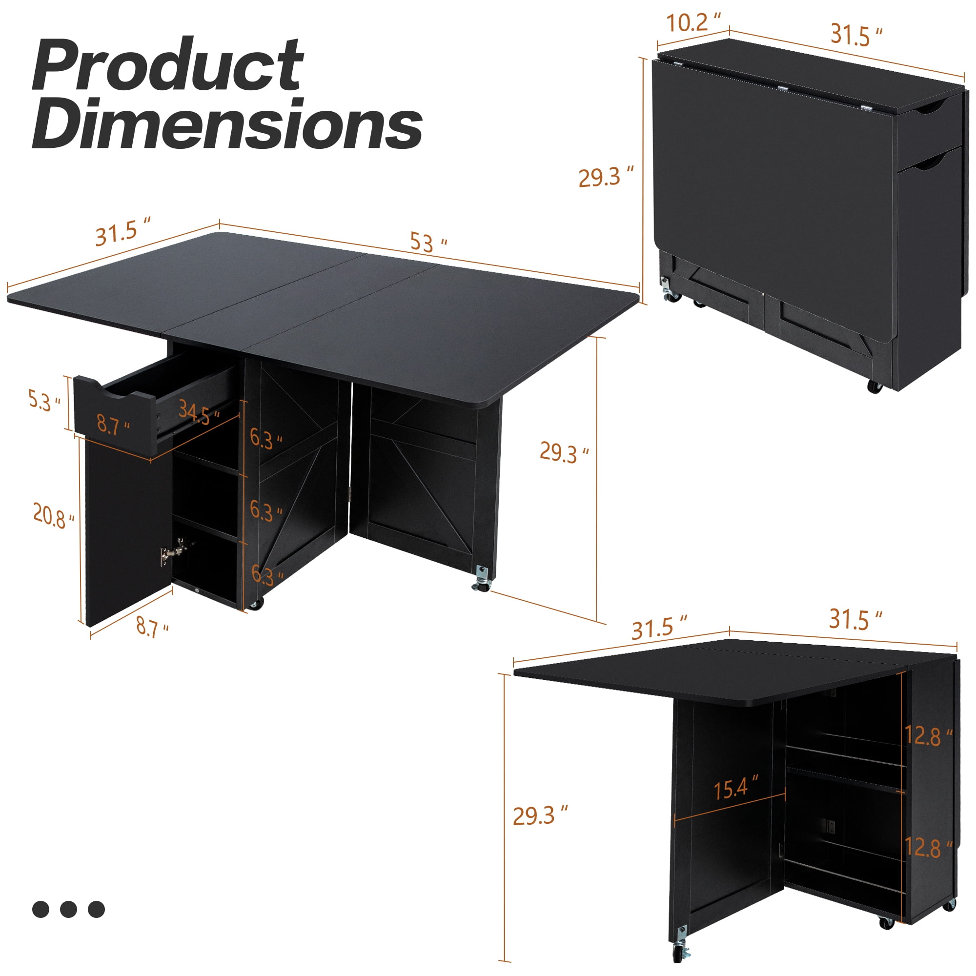 Spanspace Folding Dining Table, Drop Leaf Kitchen Table with Extra Large 53" × 31.5" Tabletop, 6 Wheels & Storage Shelf, Space Saving for Small Spaces, Black