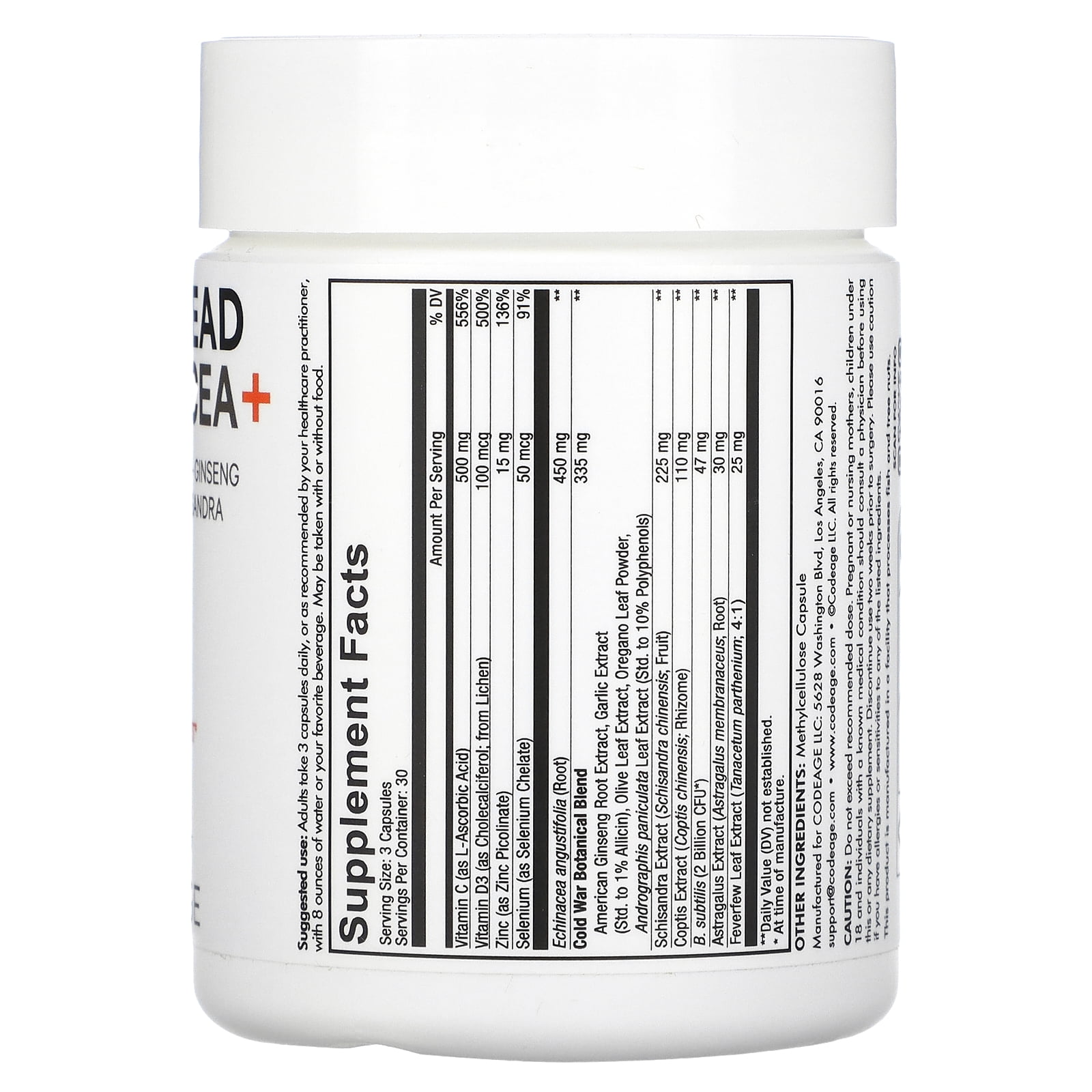 Codeage Clearhead, Echinacea, Zinc, Vitamins C & D, Garlic, All Seasons Vegan Cold Weather Supplement, 90 ct