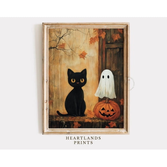 Kna Prints - 1 Pc Poster Ghost & Black Cat Art Print, Halloween Wall Art Whimsigoth Decor, Cute Cat With A Ghost Art Printable, Halloween Pumpkin Wall Art Decoration, UNFRAMED-8x12