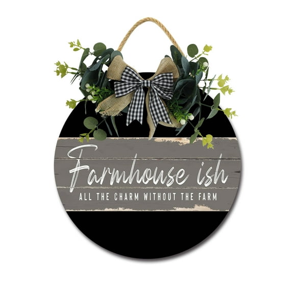Farmhouse Ish All The Charm Without The Farm Sign Farmhouse Wood Sign Front Porch Decor Rustic Wooden Sign Wall Decor Hanging Wooden Decorations with Bow-Knot for Home Porch Wall Door, 11 x 11 inch