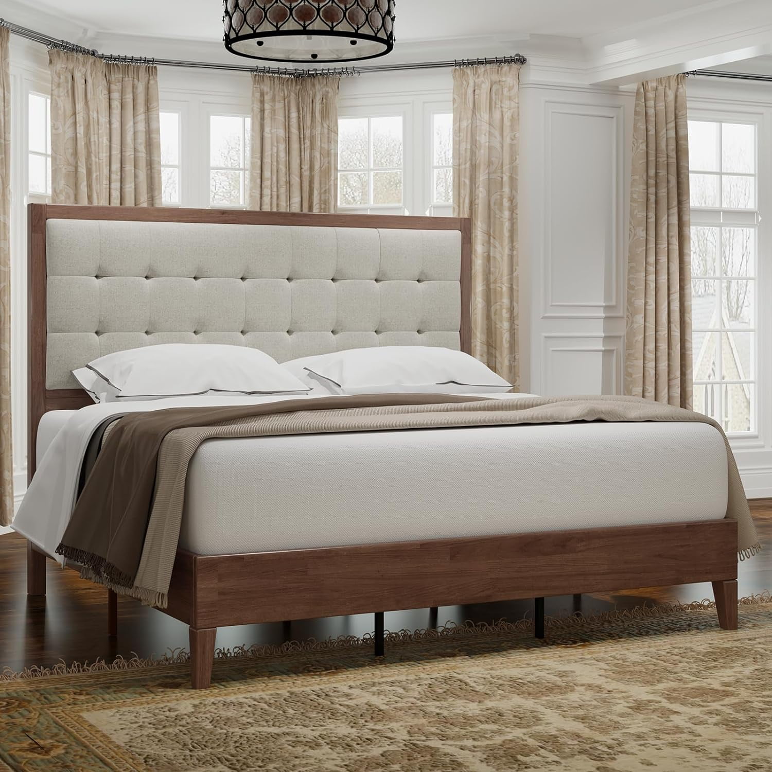 LUXOAK Queen Bed Frame, Wood Platform Bed with Upholstered Headboard, Walnut