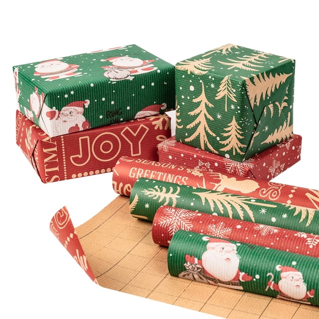 Papel de regalo RUSPEPA Kraft de 43 x 3 m, 4 rollos, Navidad