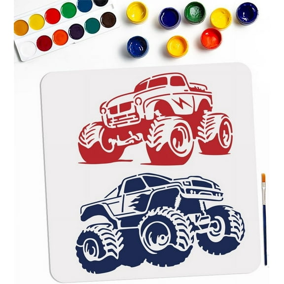 2 Styles Monster Truck Stencils 11.8×11.8inch Big Tires Design Off-Road Vehicle Drawing Templates with Paint Brush Reusable Vehicle Theme Stencils for Crafts Art Furniture Wood Canvas diy