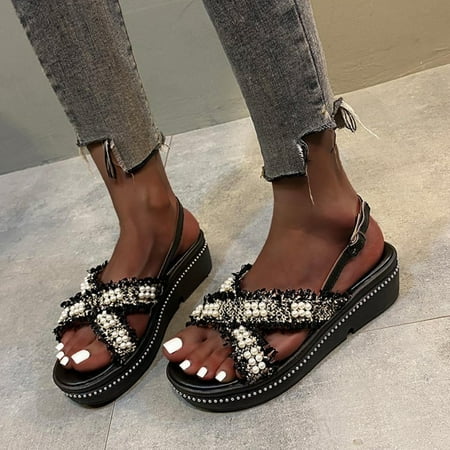 

Gnobogi Sandals with thick bottom for Women Dresses Summer Women s Summer Sandals Fashion Rhinestone Pearl Cross Strap Platform Shoes Black