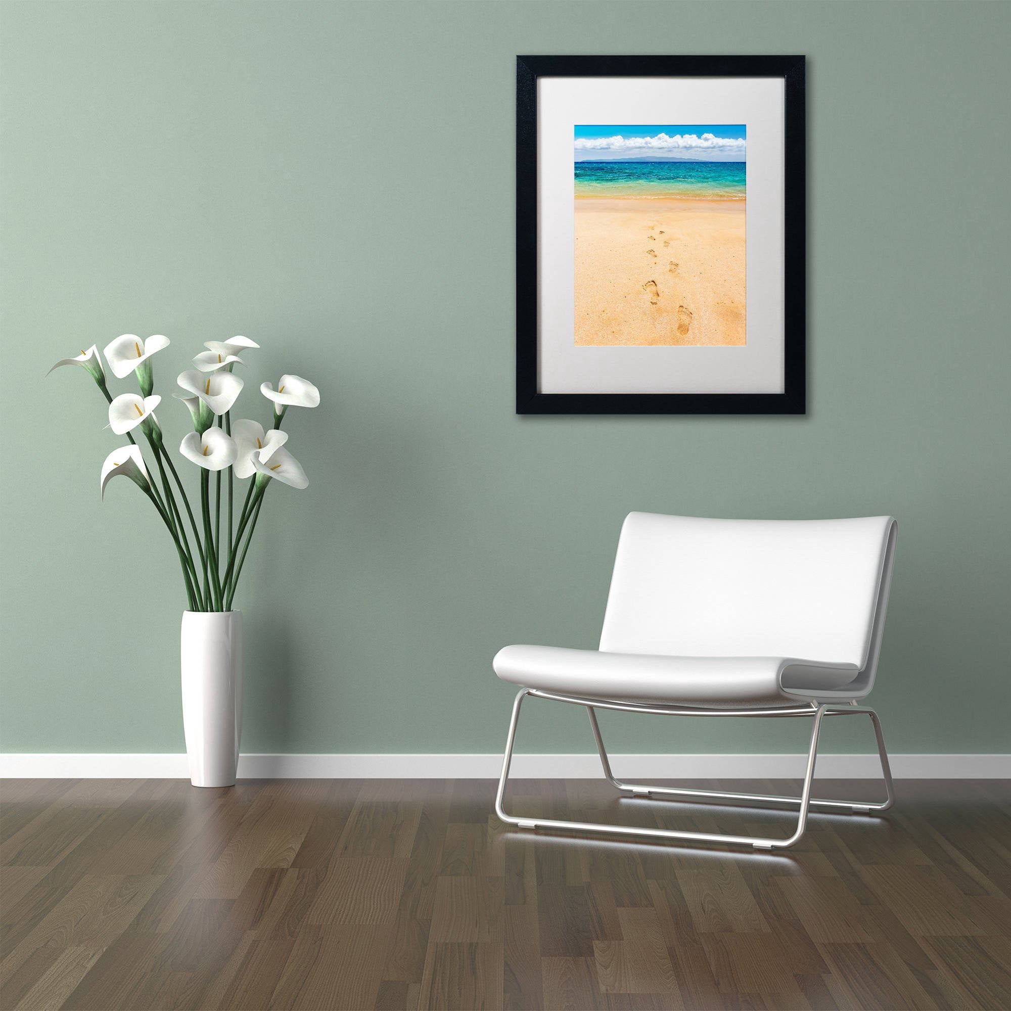 Trademark Fine Art 'Footprints in the Sand' Canvas Art by Pierre Leclerc, White Matte, Black Frame