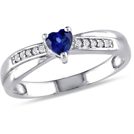 1/4 Carat T.G.W. Created Blue Sapphire and Diamond-Accent Sterling Silver Heart Ring