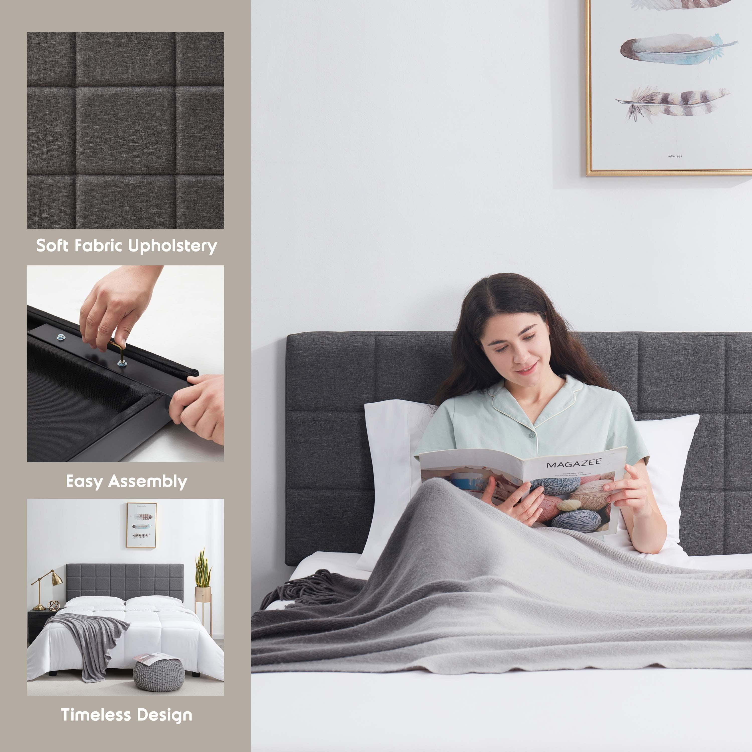 LammaLoe Square Tufted Upholstered King Headboard with Adjustable Height, Grey, King
