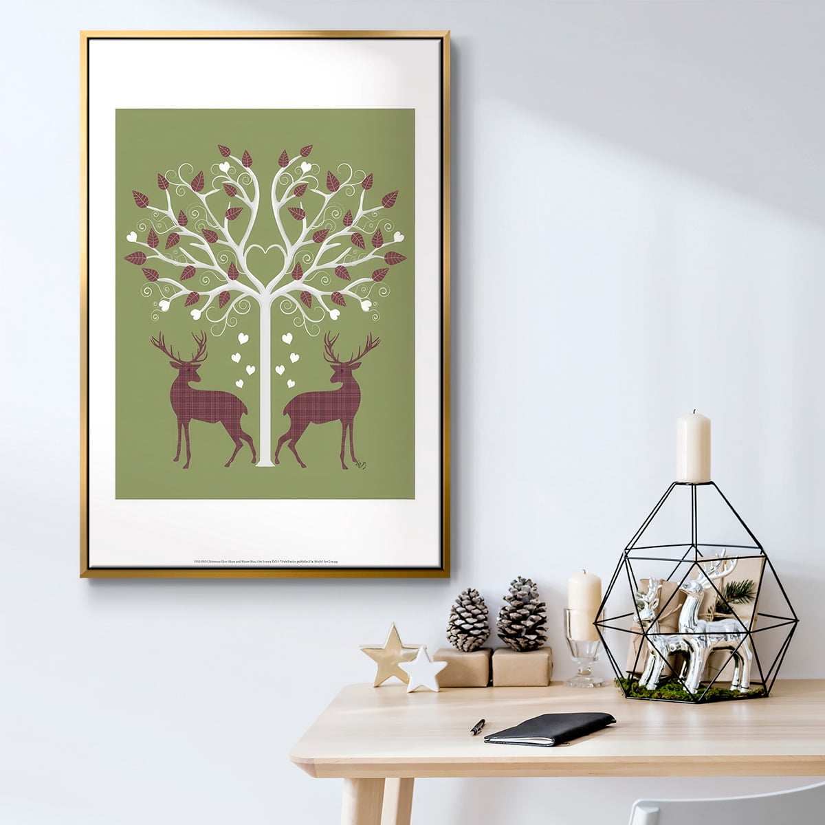 Christmas Des - Deer and Heart Tree, Pink On Green - Framed Gallery Wrapped Holiday Canvas - 25 x 37 - Gold Frame