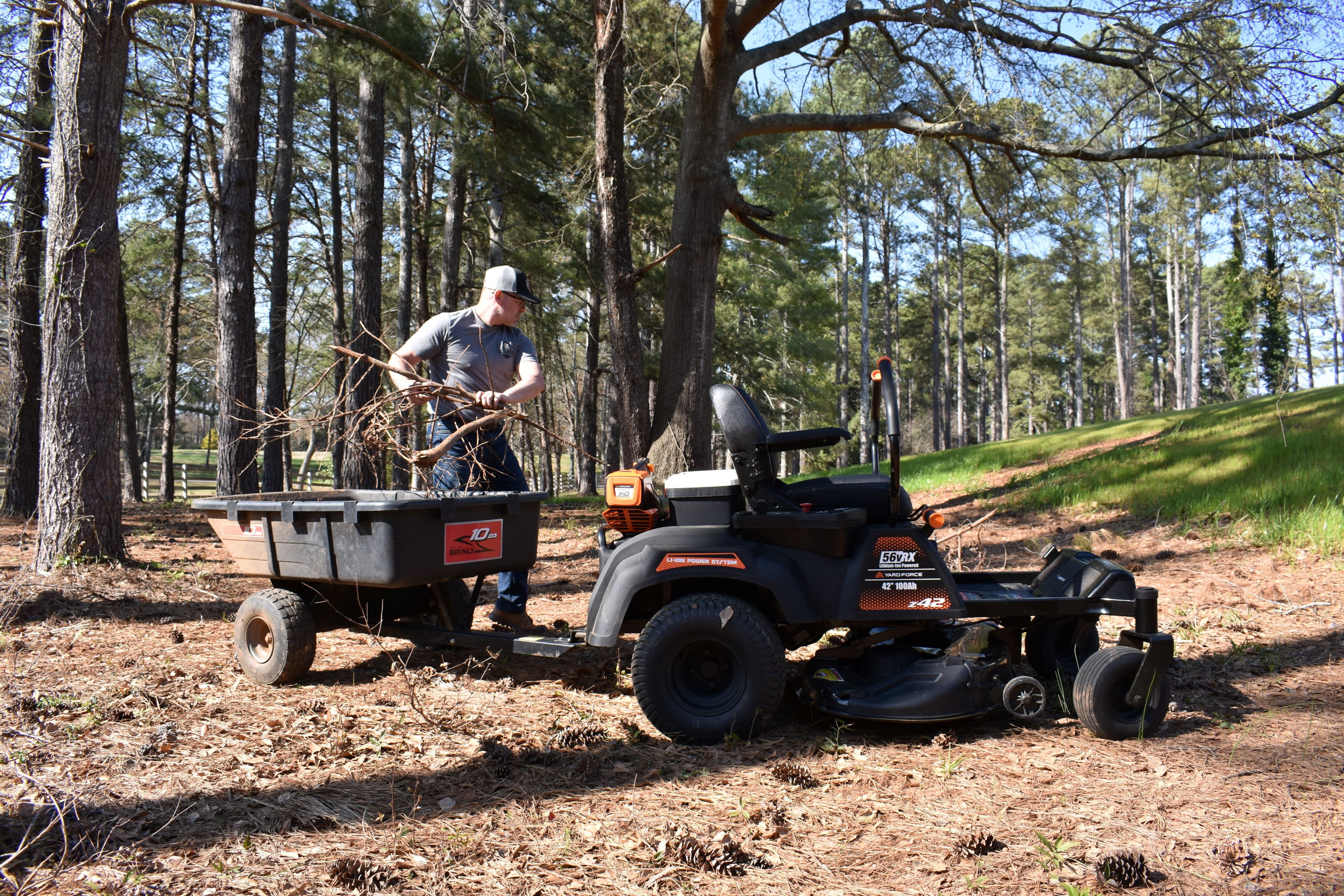 Yard Force YF56vRX Z42-562 42-Inch Zero Turn Mower, 56V Battery, 4-Acre Range, 3-in-1 Cutting, 5-Inch LCD, Plush Seat w/ Armrests, LED Lights, USB Charger, Rear Hitch Mount