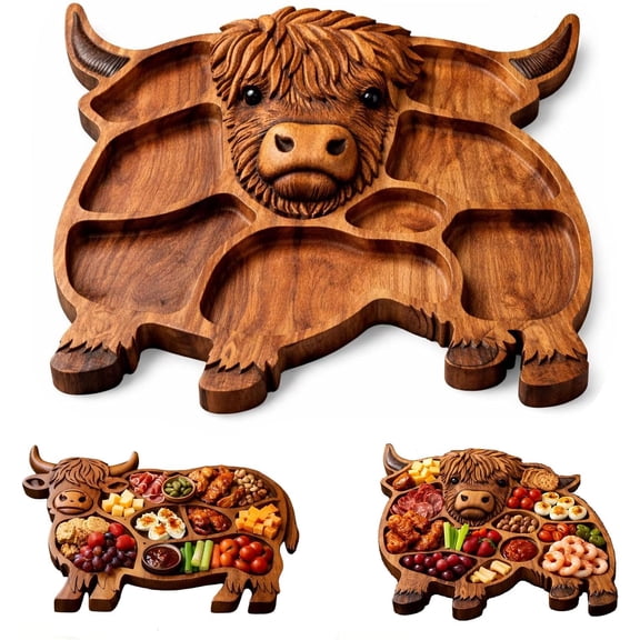 Highland Cow Wooden Charcuterie Board,13 * 11 in Cute Cow Shaped Food Platter,Hand Carved Serving Tray with Compartments for Cheese Meat Snacks, Farmhouse Home Decor Gift (#B)