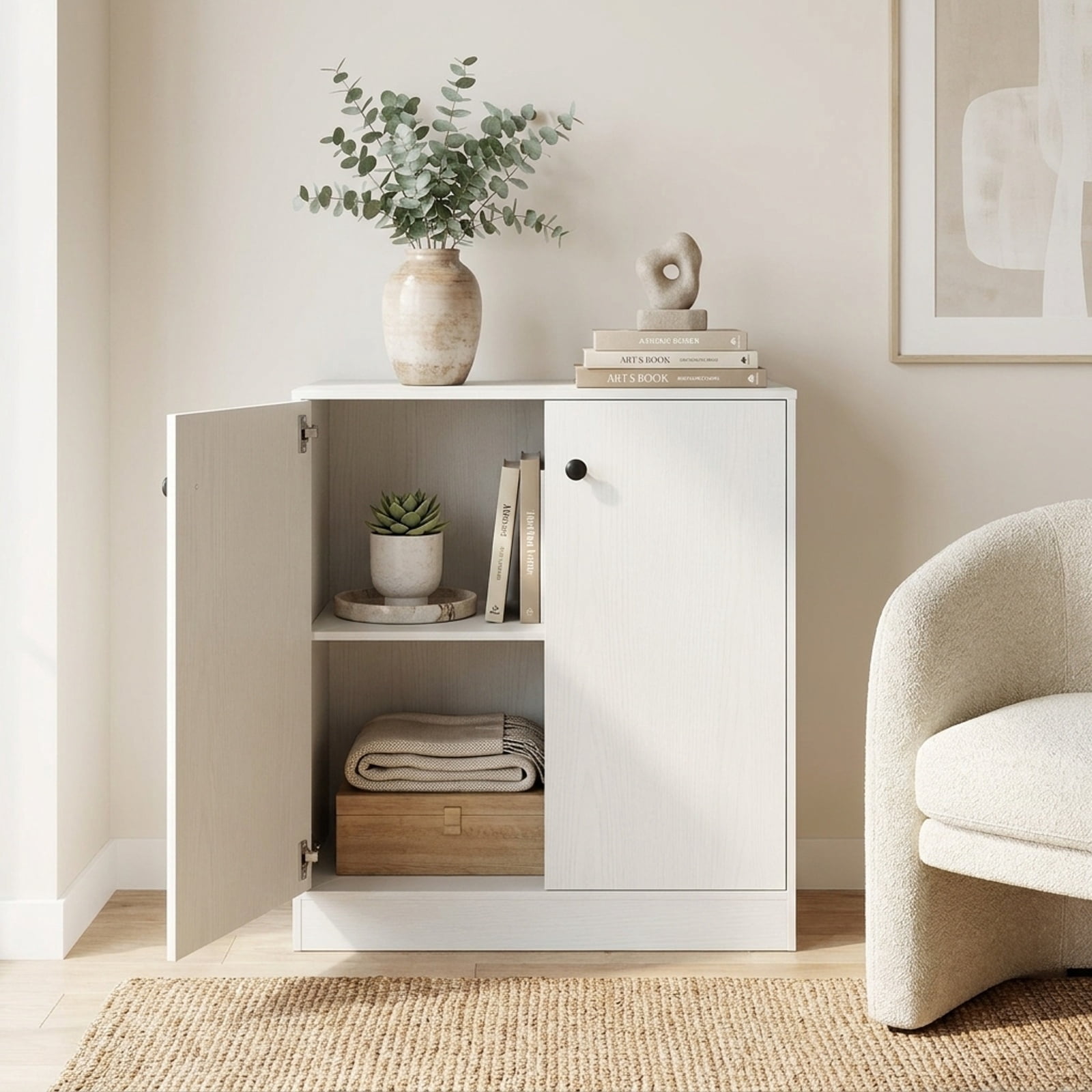 Furnibear 2 Door Accent Storage Cabinet with 3 Tier Shelf and Countertop Buffet Sideboard for Living Room Entryway and Kitchen, White