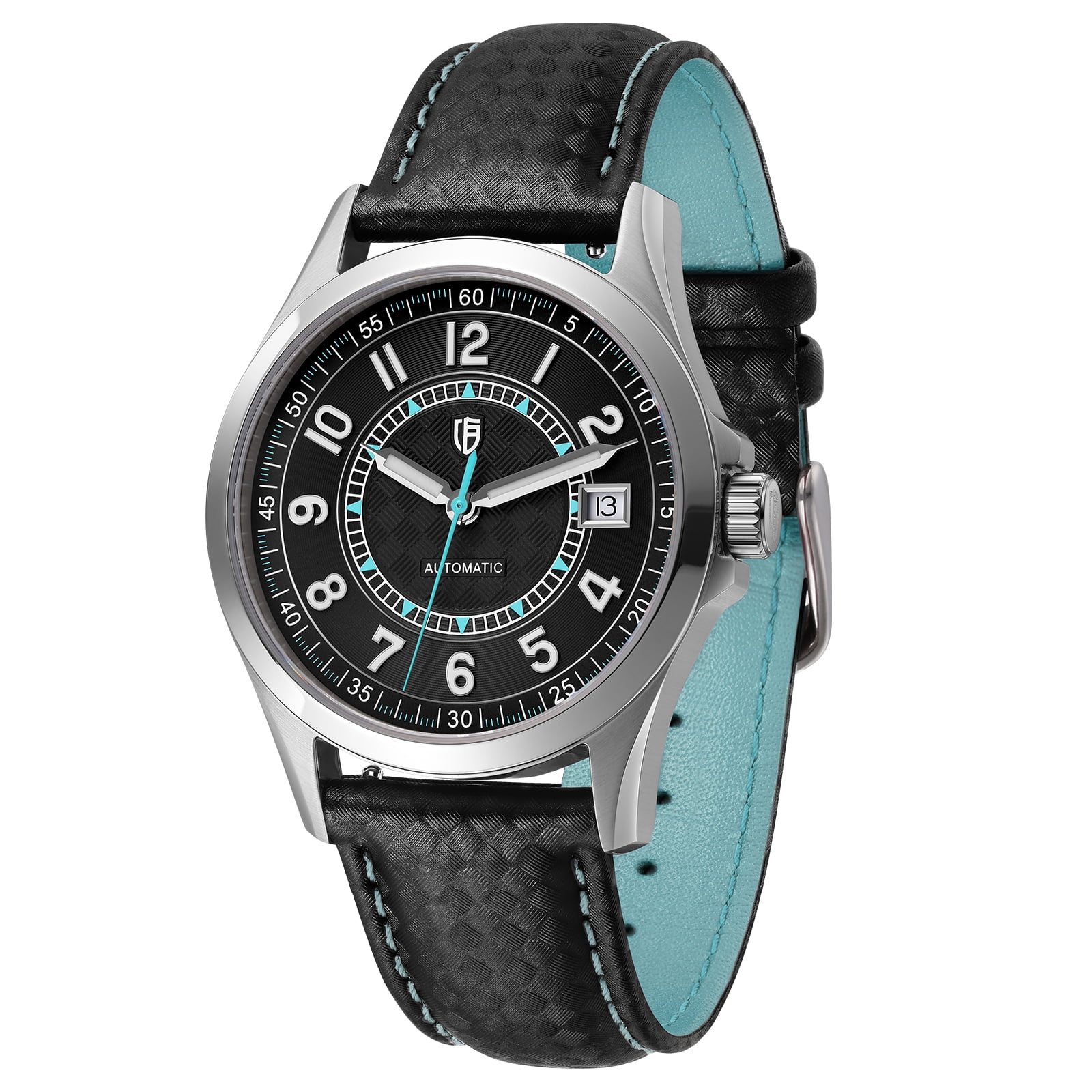 BERNY Men's Automatic Watch, Leather Strap Mechanical Watch with Date, Super Luminous, Sapphire Crystal, 10ATM Waterproof, Fashion Casual Wristwatch for Men (Blue)