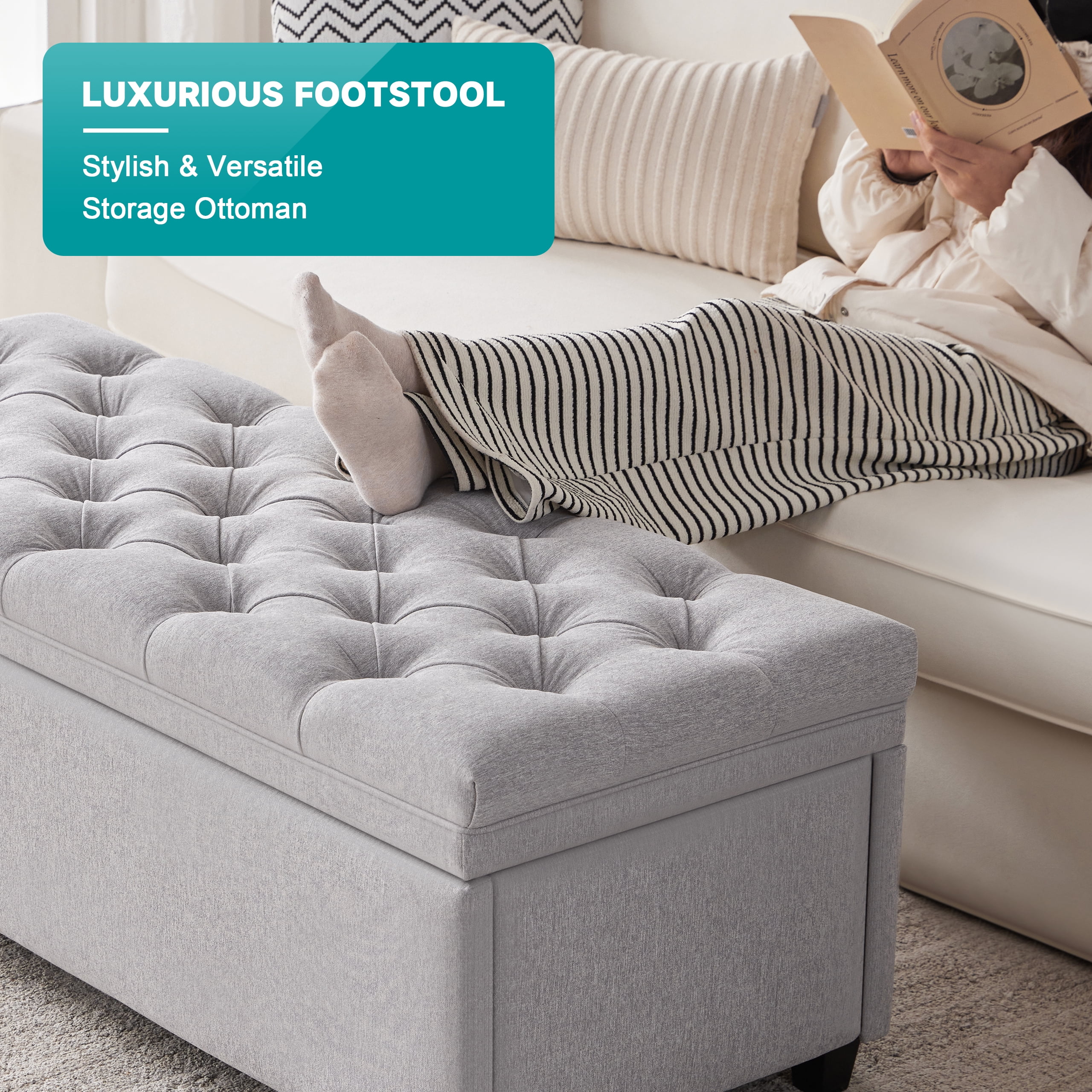 Mangodan 50" Storage Ottoman Bench, Tufted Ottoman With Storage Bench for Living Room, Large End of Bed Bench Ottomans, Modern Entryway Benches, Window & Bedroom Benches for Foot of Bed, LightGray