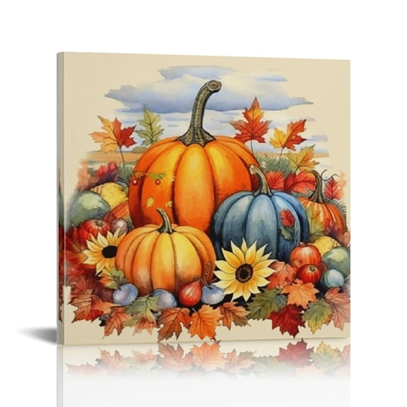 JRXY Fall Canvas Wall Art Vintage Autumn Orange Blue Pumpkin Picture Retro Farmhouse Prints Poster Rustic Harvest Thanksgiving Decor Sunflower Mushroom Painting 12x12 in