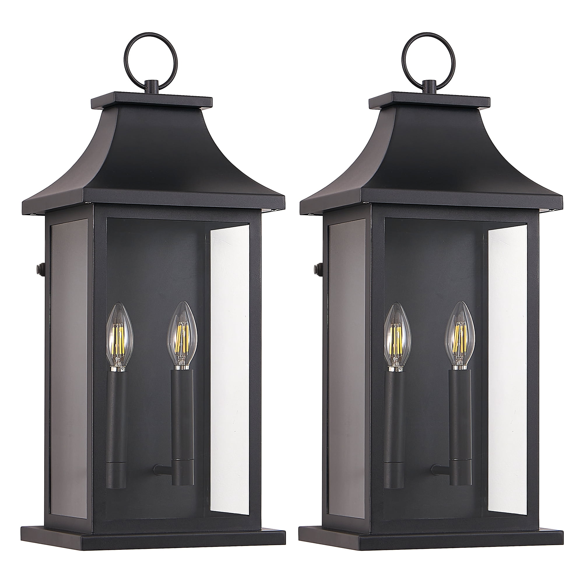 Set of 2 Dusk to Dawn Outdoor Wall Lanterns with 2 Lights and Glass, Modern Exterior Sconce for House and Garage, Black