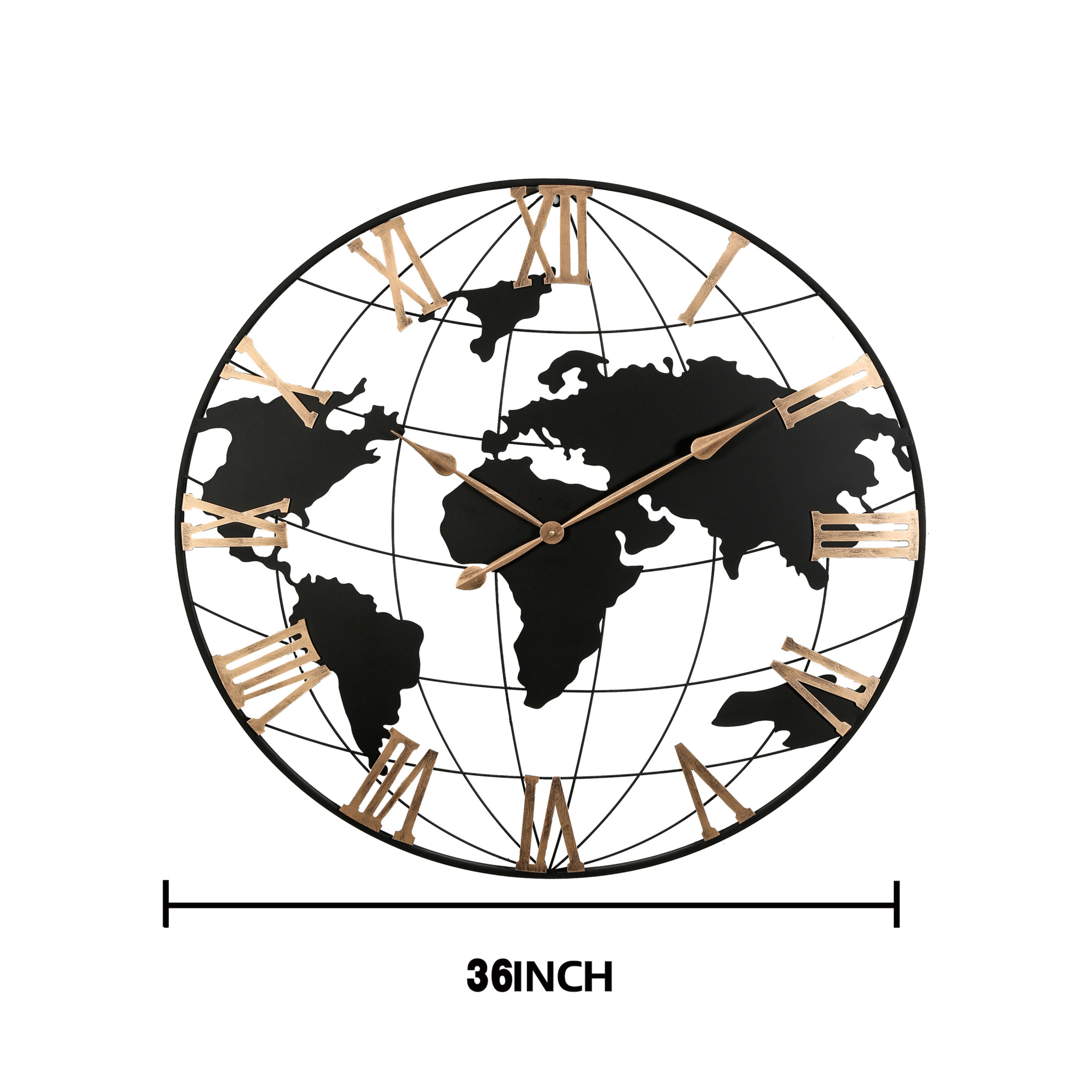 Noble House Extra Large Black Metal World Map Wall Clock, Silent Design with Vintage Gold Roman Numerals, Modern Decorative Clock, Black + Gold