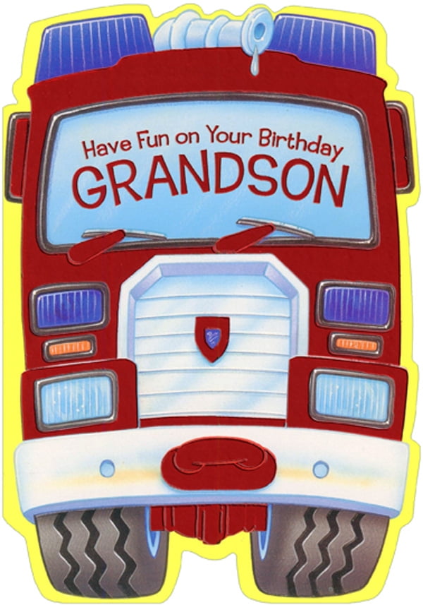 Designer Greetings Red Fire Engine with Purple Lights Die Cut Juvenile Birthday Card for Grandson