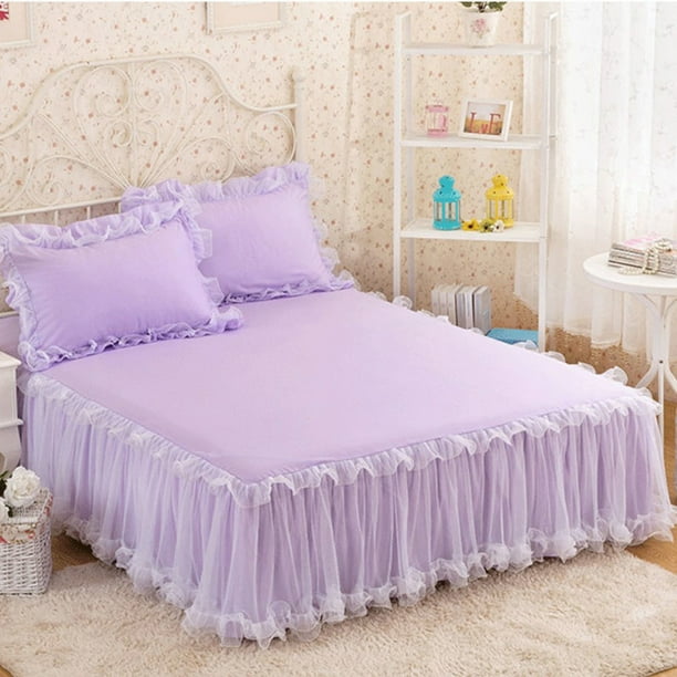 Cateissary de cama con volantes única, ancha, con Funda de colchón antideslizante, elegante de cama de princesas Juegos de cama púrpura