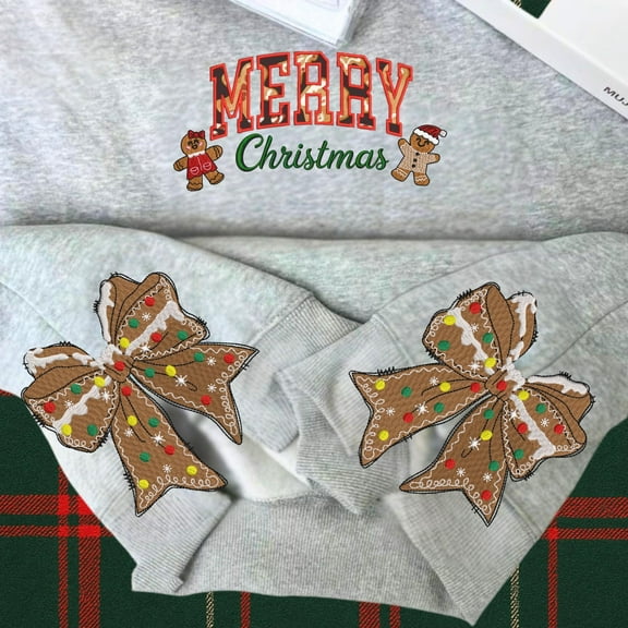 Embroidered Merry Christmas Sweatshirt, Festive Gingerbread Side Bow Crewneck, Retro Women's Holiday Sweater, Trendy Christmas Sweater