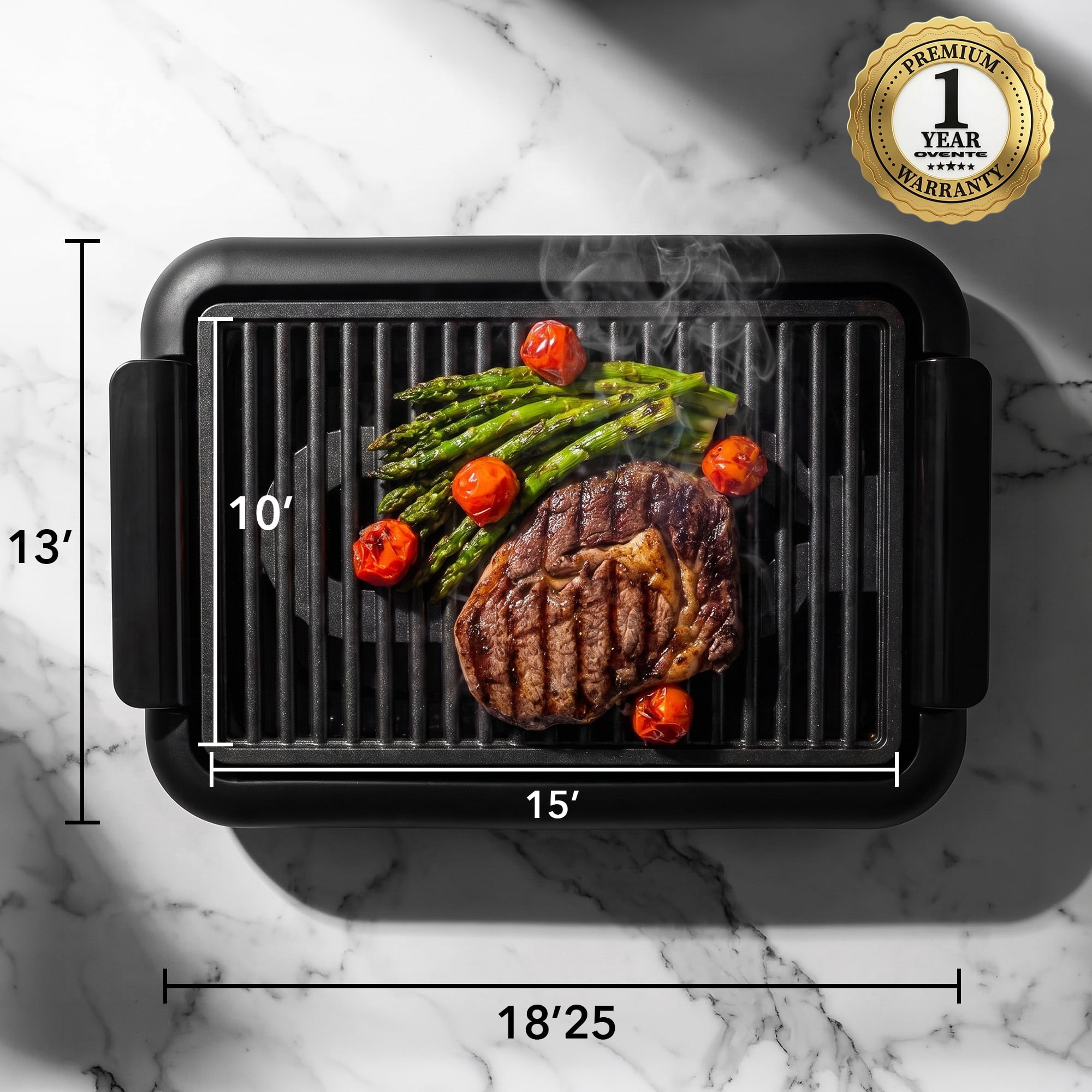 OVENTE Electric Indoor Grill, 15x10 Inch Non-Stick Plate, Black GD1510NLB | 1200W Fast Heat Up Power, Adjustable Temperature, Removable and Dishwasher Safe Grilling and Drip Tray