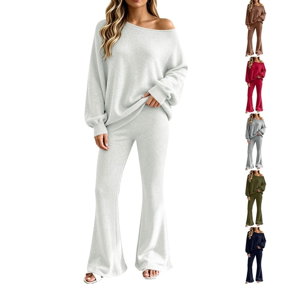 VISALY Women Two Piece Outfit Sets Off Shoulder Long Sleeve Knit Sweatshirts Sweater Loose Fit Flared Pants Casual Athleisure Sweatsuit Trendy Lounge Travel Workout Matching Tracksuit Army Green L