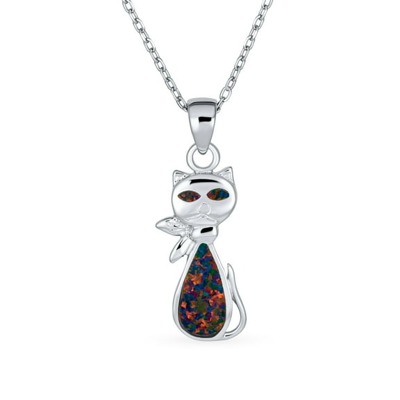 Bling Jewelry Womens Gemstone Black Opal Cat Pendant Necklace Sterling Silver - Cute Animal Jewelry