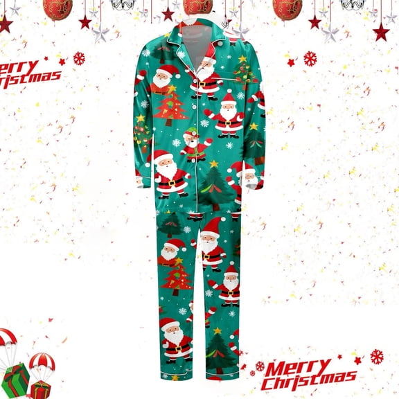 FAOWME Family Matching Christmas Pajamas Set Outfits Long Sleeve Turndown Collar Santa Claus Print Buttons Top And Pant Comfortable Soft Sleepwear For Men Dad-Green L