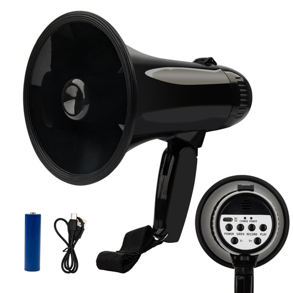 MyMealivos 20 Watt Black Rechargeable Megaphone Bullhorn Speaker, Siren and 240s Recording, Portable Megaphone with Power Display and Strap