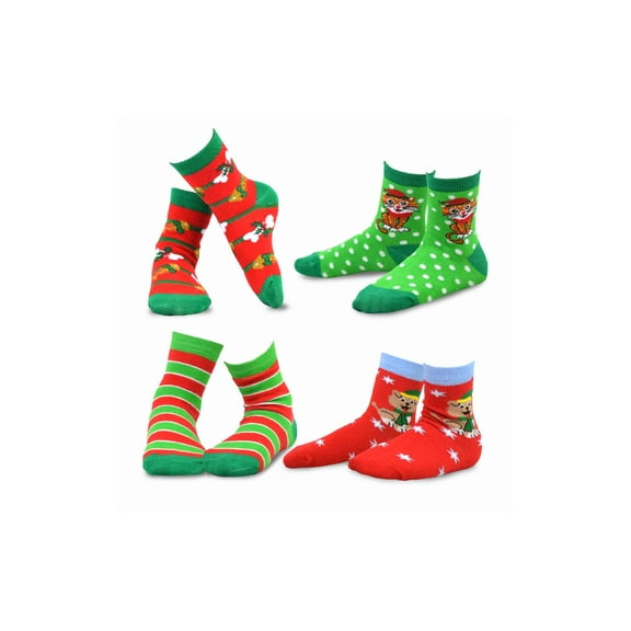 TeeHee Christmas Kids Cotton Fun Crew Socks 4-Pair Pack (6-8 Years, Cat & Dog)