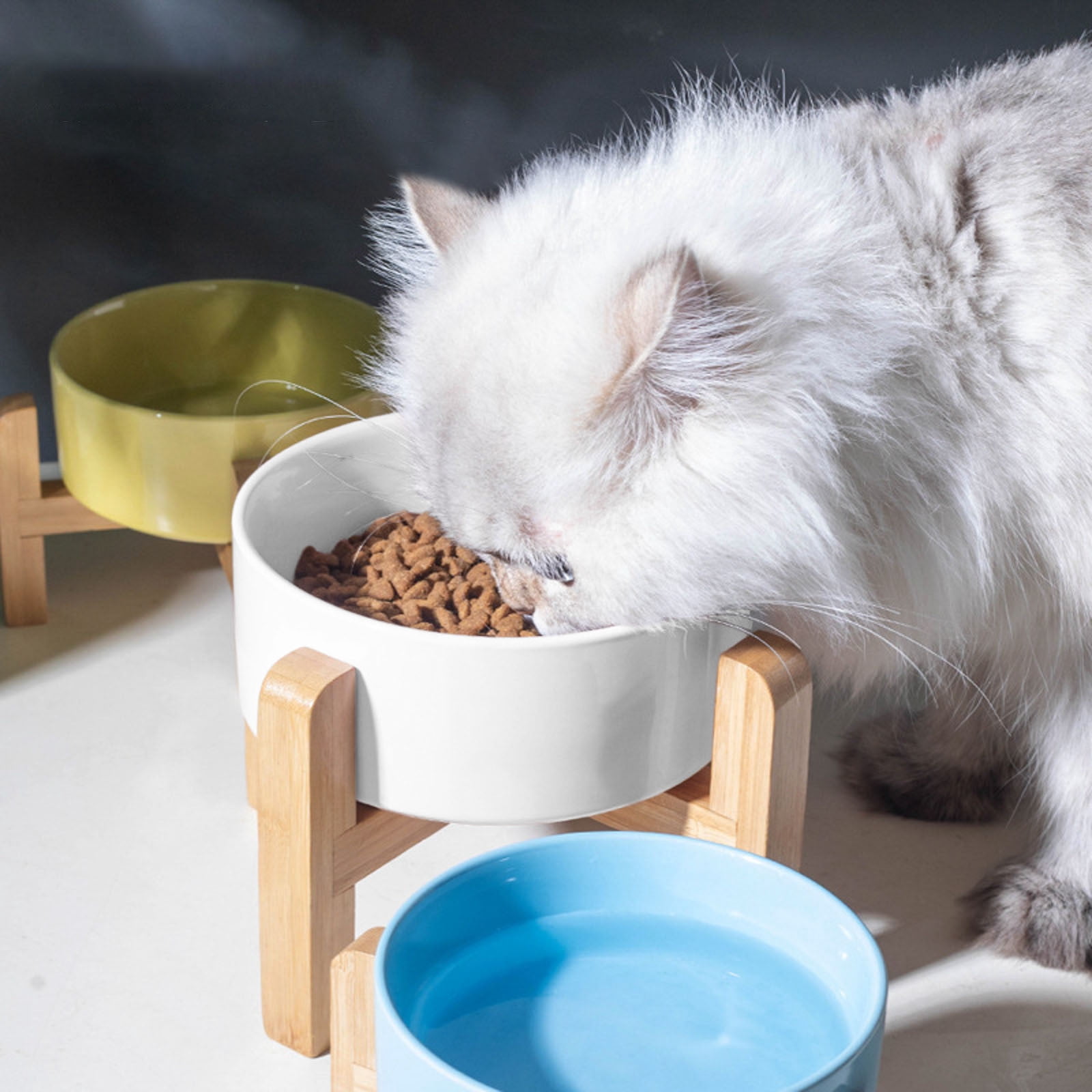 Ceramic Raised Dog Bowl with Bamboo Stand, 12OZ Elevated Pet Food & Water Dish, Anti- and Anti-Vomiting Feeding Bowl for Small Medium Dogs and Cats, Dishwasher Safe