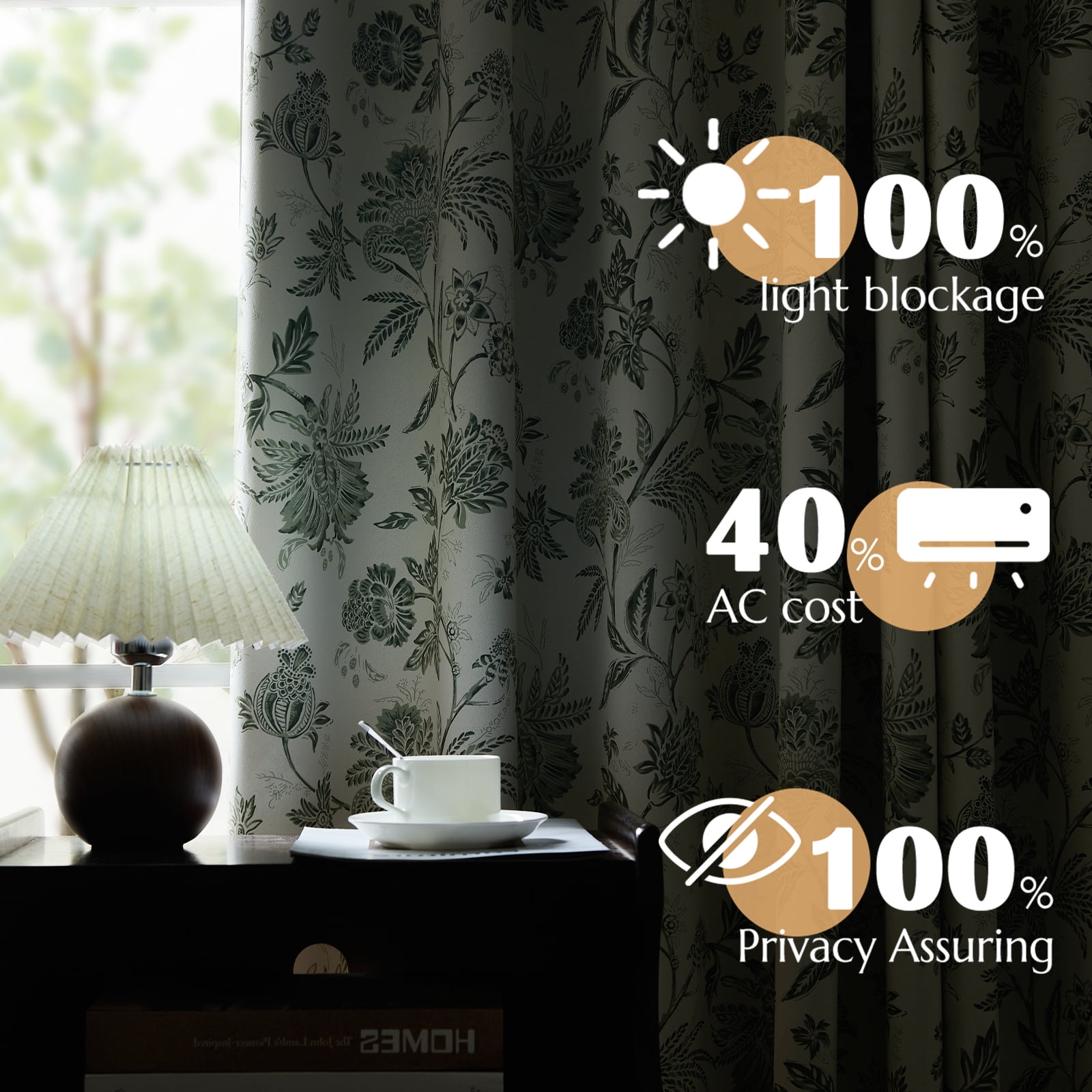 Curtainking Luxury Look Farmhouse Green Floral Print Rod Pocket Blackout Curtains, 84" (2 Panels)